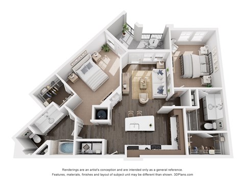 Floor plan for 2 beds, 2 baths, 1123 sqft